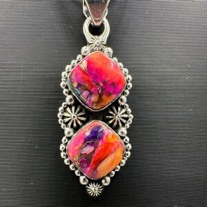 Pink Dahlia Turquoise Sterling Silver 925 Handmade Necklace Pendant